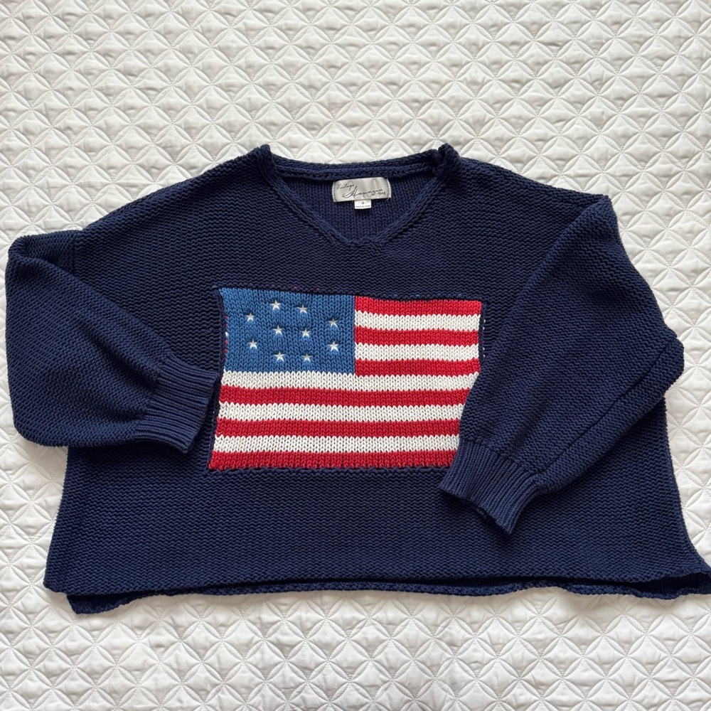 Vintage Havana Oversized Navy Blue V-Neck America USA Flag Sweater Size M